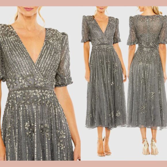 NWT Mac Duggal‎ [ 20 ] 5995 Puff Quarter Length Sleeve V Neck Dress Pewter Grey - Picture 1 of 16
